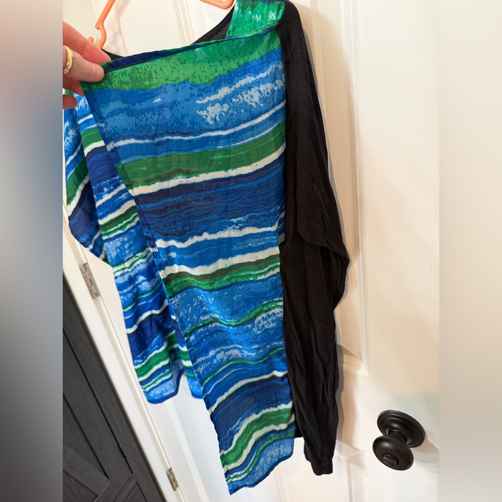 Michael Kors Blue & Green Wave-Stripe Short Poncho Sleeve Top - Picture 6 of 6